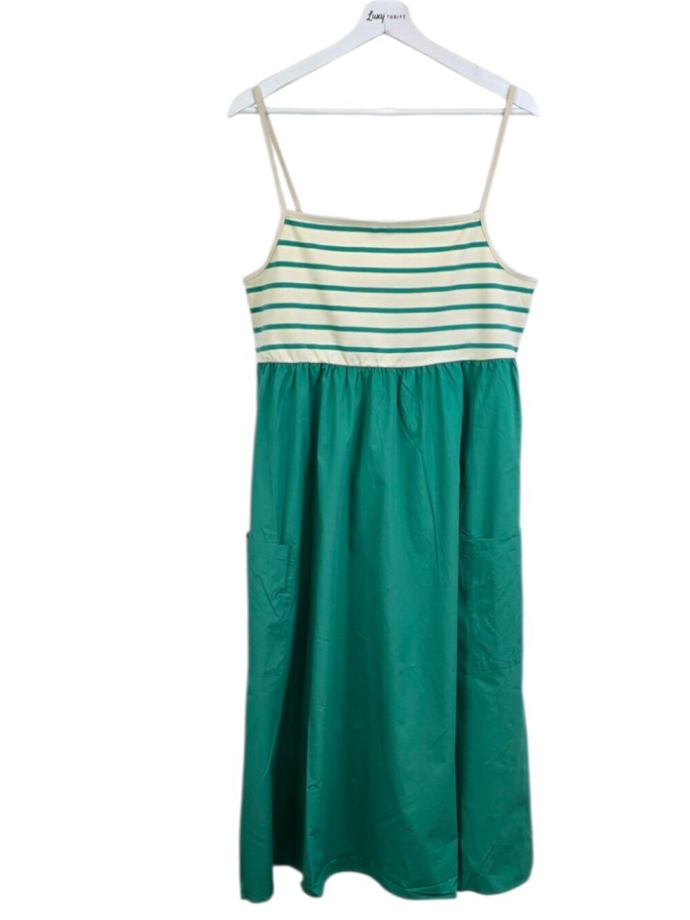 By Anthropologie Square-Neck A-Line Midi Dress, Greep, Stripes, Cotton, Size XL
